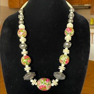 Floral Beaded Necklace with Silver Accents